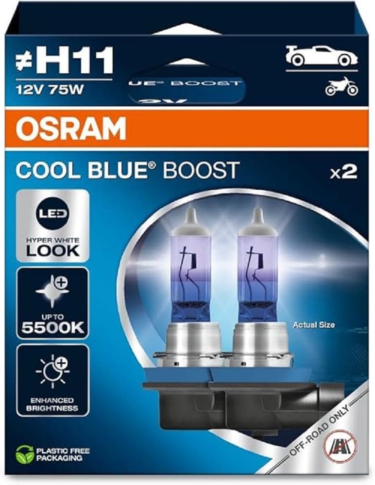 OSRAM COOL BLUE® BOOST, H11, halogen headlight lamps, up to 5500K, Hanging folding box (2 lamps), offroad use only