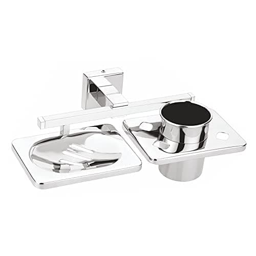 Ruhe® Square Soap Dish Stand/Holder | 304 Grade Stainless Steel Wall Mounted Square Soap Dish/Soap Stand/Soap Holder With Tumbler Holder (Chrome Finish)