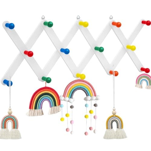 Suzile Kids Coat Rack Wall Mount Expandable Toddler Wooden Hanger Cute Coat Rack Rainbow Accordion Wall Hanger for Kids Children Hanging Backpack Bedroom Classroom Hat Clothes (Bright Color)