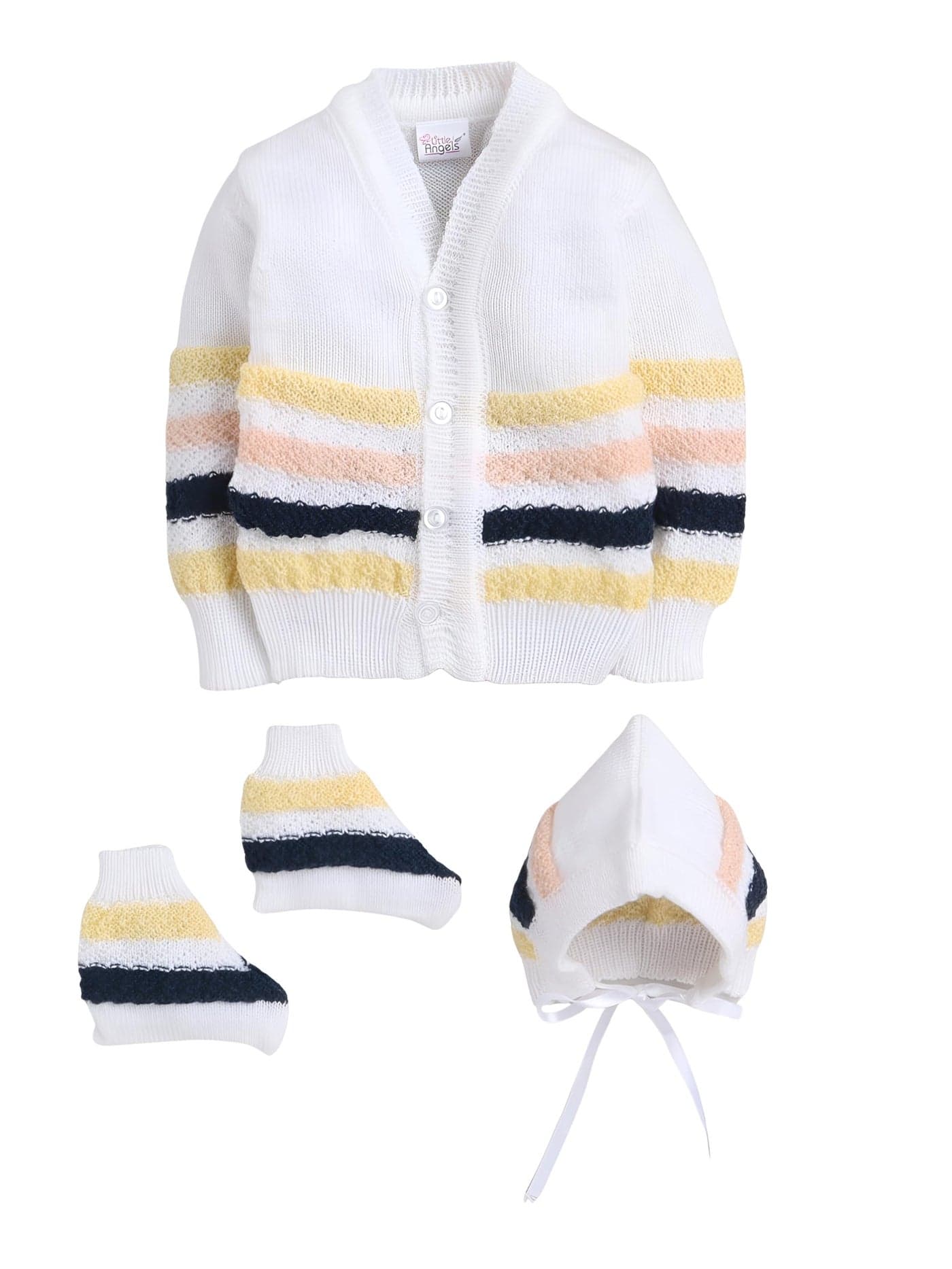 Little Angels Baby Sweater Set - 3 Pcs Woollen Full Sleeves V-Neck Textured Striped Sweater, Cap & Socks for Baby Boys 0 to 3 Months (Navy & Navy)