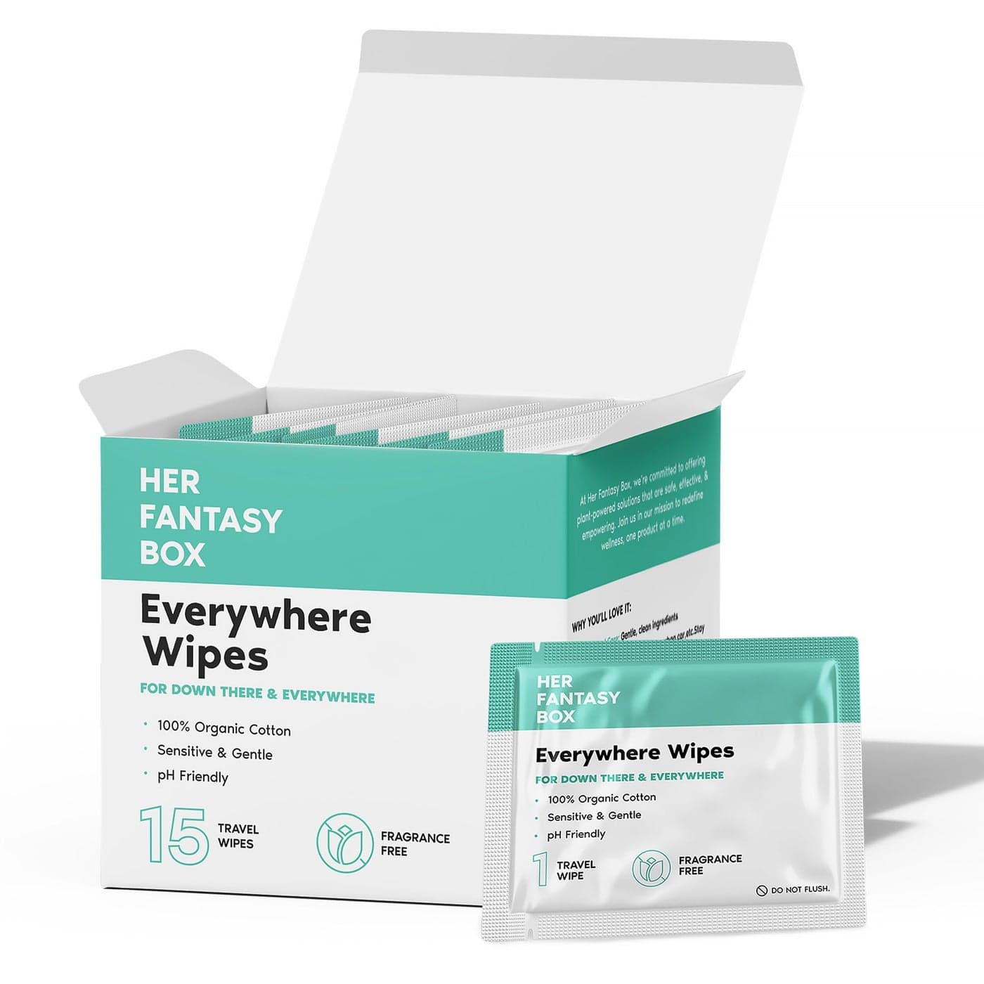 Her Fantasy Box Everywhere Wipes 100 Organic Cotton Gentle Refreshing pHBalanced FragranceFree PlantPowered for Body Face Intimate Areas Ideal for Sensitive Skin 1 Pack 15 Wipes
