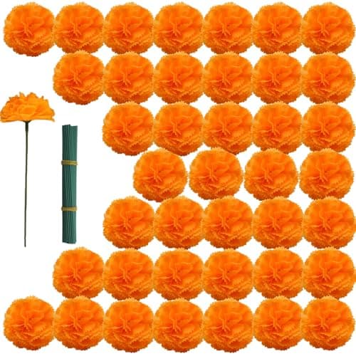 YGbridge Marigolds Artificial Flowers Fake Marigold Flowers Marigolds Orange Silk Flowers for Day of The Dead Decoration Diwali Decor Dia De Los Muertos Ofrenda Decor Orange 60Pcs