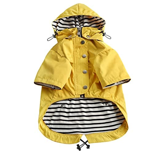 Dog Zip Up Raincoat with Reflective Buttons, Rain/Water Resistant, Adjustable Drawstring, Removable Hood, Raincoats with Legs 8lbs to 80lbs Available - Yellow - Medium