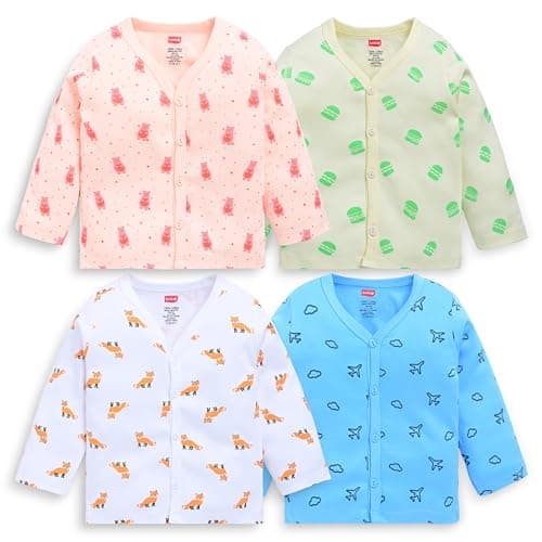 LuvLap Baby Boys & Girls Regular Fit 100% Cotton Full Sleeves Jhabla Pack of 4, Off White, Light Peach, White & Baltic Sea, L (6 to 12 Months)