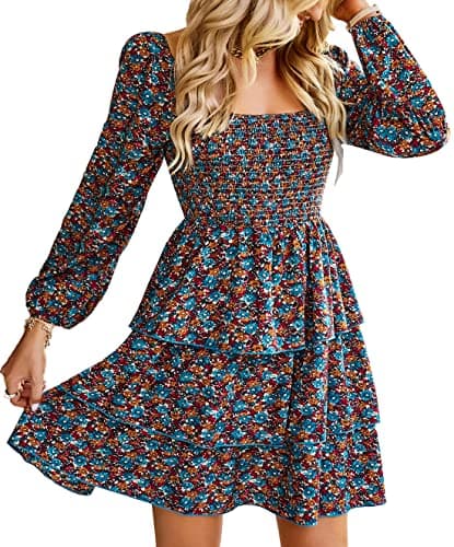 BTFBM Womens Long Sleeve Dress Vacation Square Neck Smocked Floral Swiss Dot Mini Boho Fall Wedding Guest Dresses 2025(Floral Blue Orange, Large)