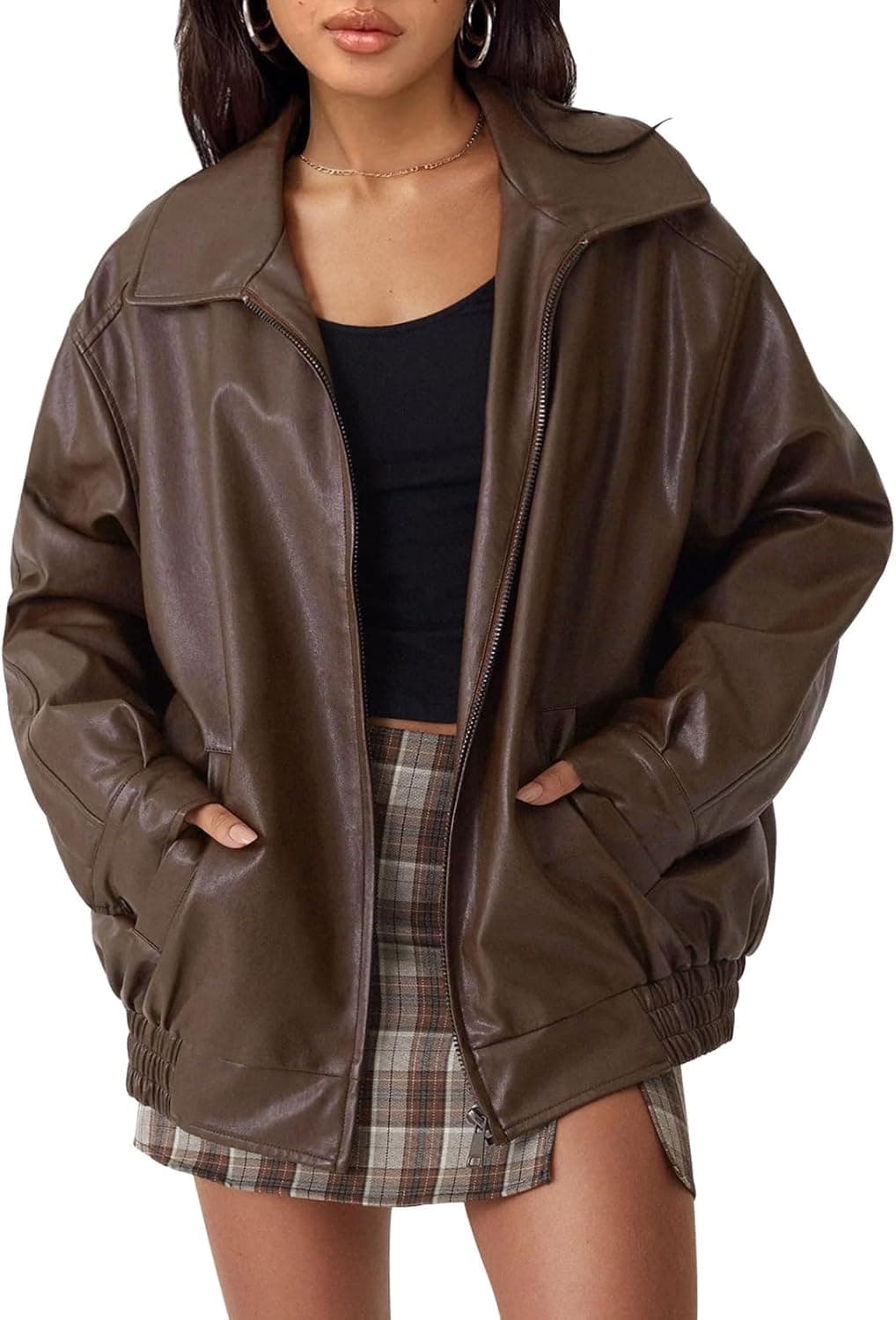 AUTOMET Women's Oversized Faux Leather Jacket - Brown, XL