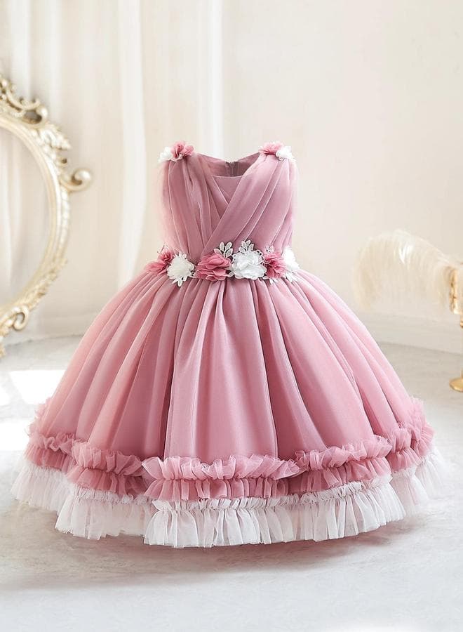 Girls Ruffle Hem Floral Detail Bow Party Dress