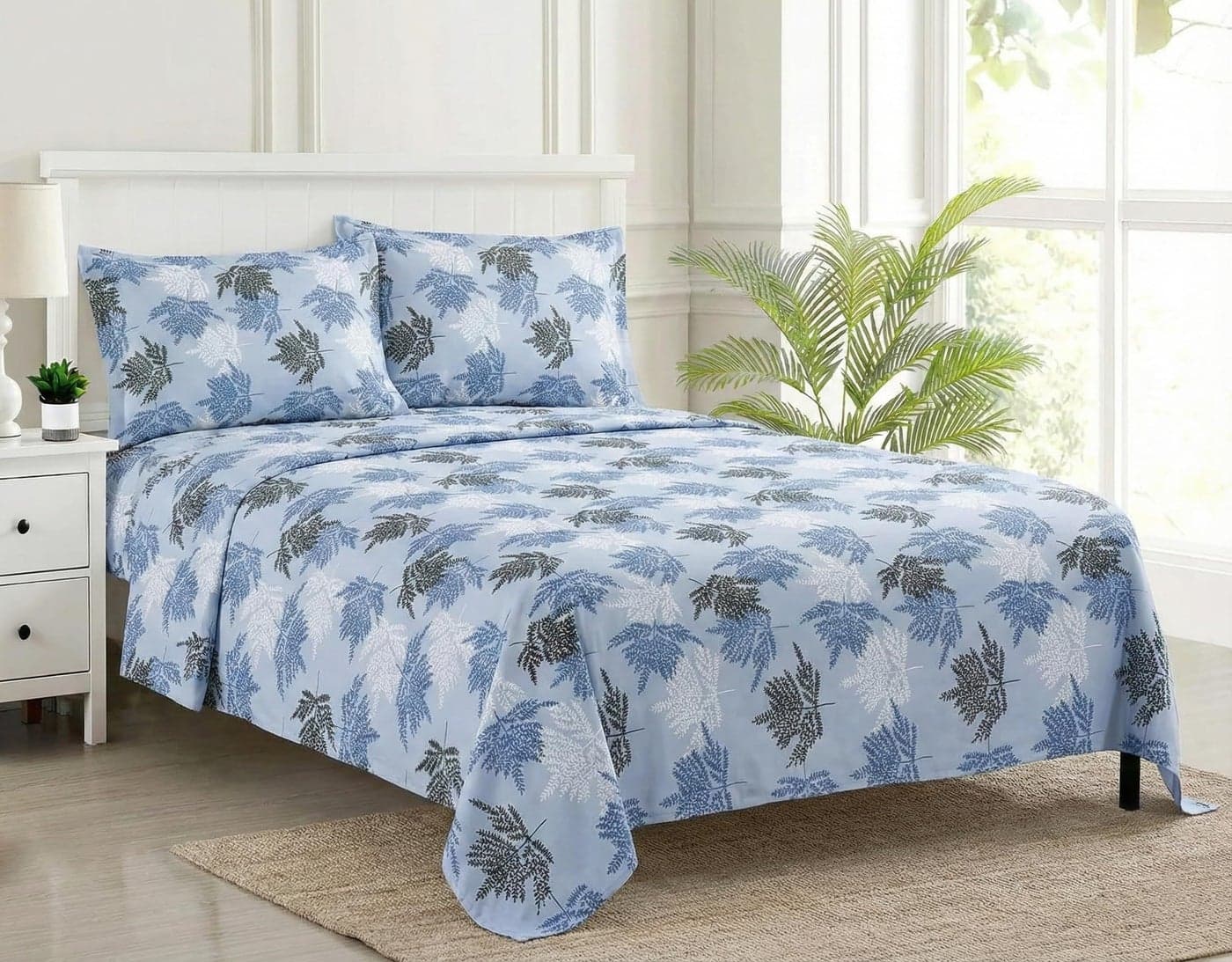 Trance Home Linen Modern Art 100% Pure Cotton King Size Bedsheet |Double Bedsheets with 2 Pillow Covers |144 Tc | Hypoallergenic (108 x 108 inch, Ferns Paradise Blue)