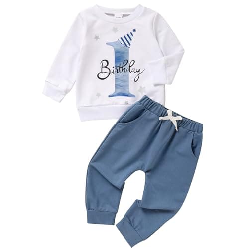 ZOELNIC 1st Birthday Clothes Outfit Boy Baby One Year Old Birthday Outfit Long Sleeve Shirt Pants Fall Winter Clothes (Blue, 12-18 Months)