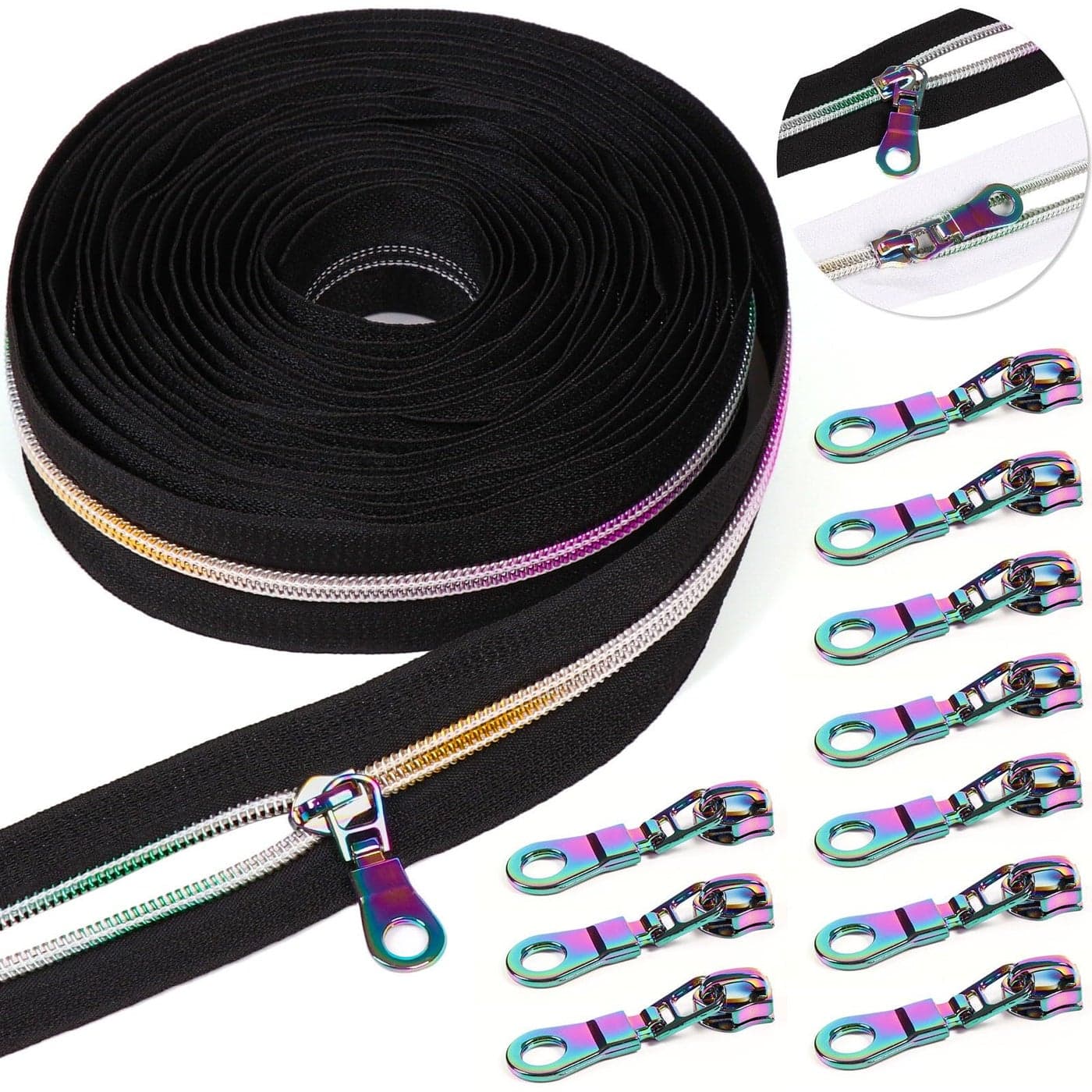 PECMER 5 Rainbow Zipper Tape by The Yard with Pulls6 Yards with 10Pcs Colorful Pulls Zippers for Sewing Assorted LengthsZippers for Bags and Purses Black Rainbow 6 Yard10 pcs