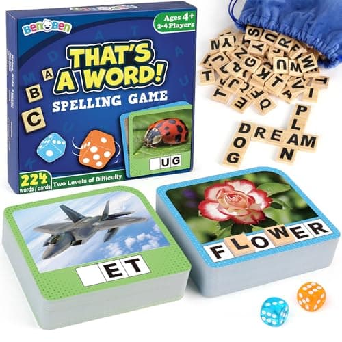 BenBen Spelling Games 224 Flashcards 208 Wood Letter Tiles 14 Players Learning Games for Kids 48 Educational Toys for Kindergarten 1st 2nd Grade Preschool Classroom Must Haves