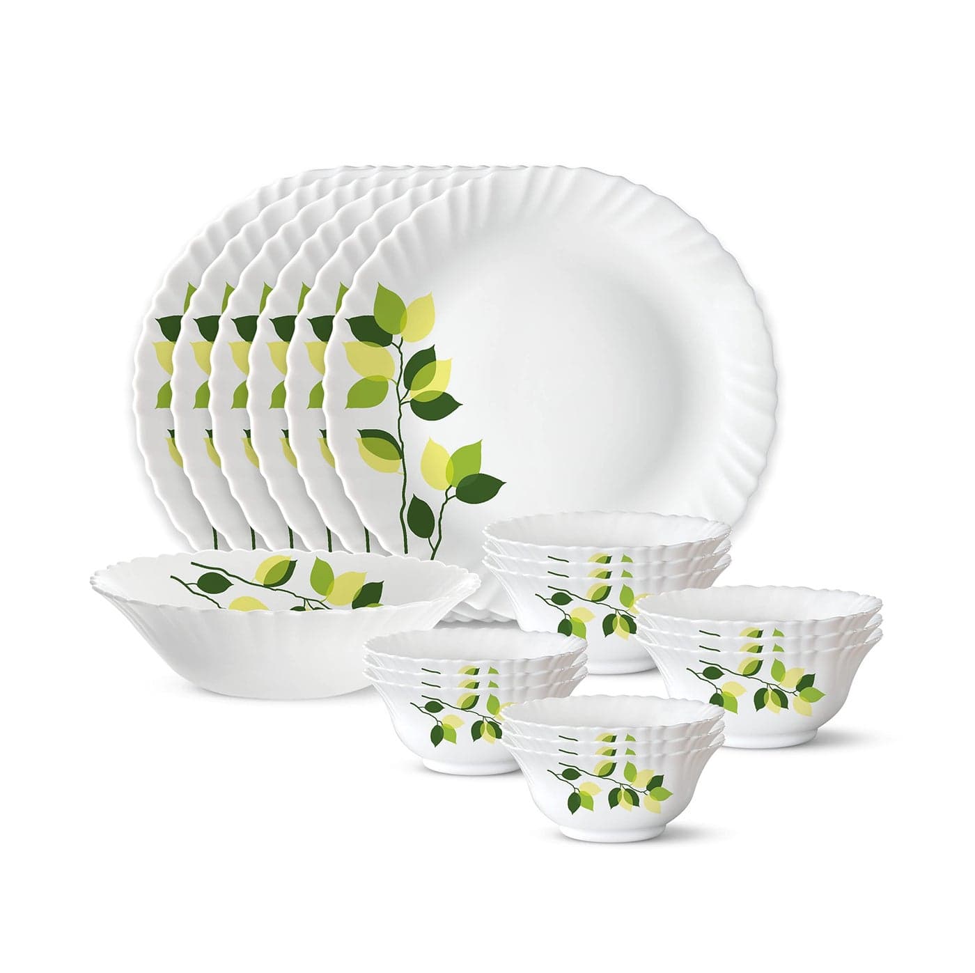 Larah by Borosil Silk Series Opalware Dinner Set | 19 Pieces for Family of 6 | Microwave & Dishwasher Safe | Bone-Ash Free | Crockery Set for Dining & Gifting | Plates & Bowls (Green Leaves)