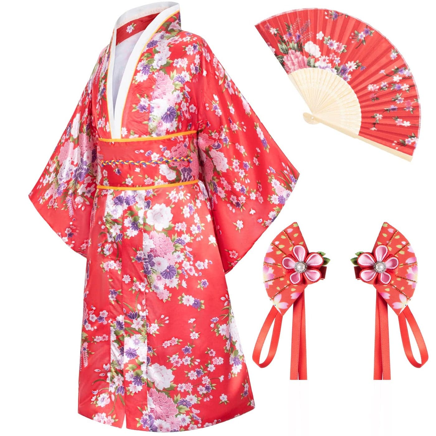 Japanese Traditional Dress Kimono Robe for Kids Girls Costume Silk Folding Fans hairstick SetRed150cm