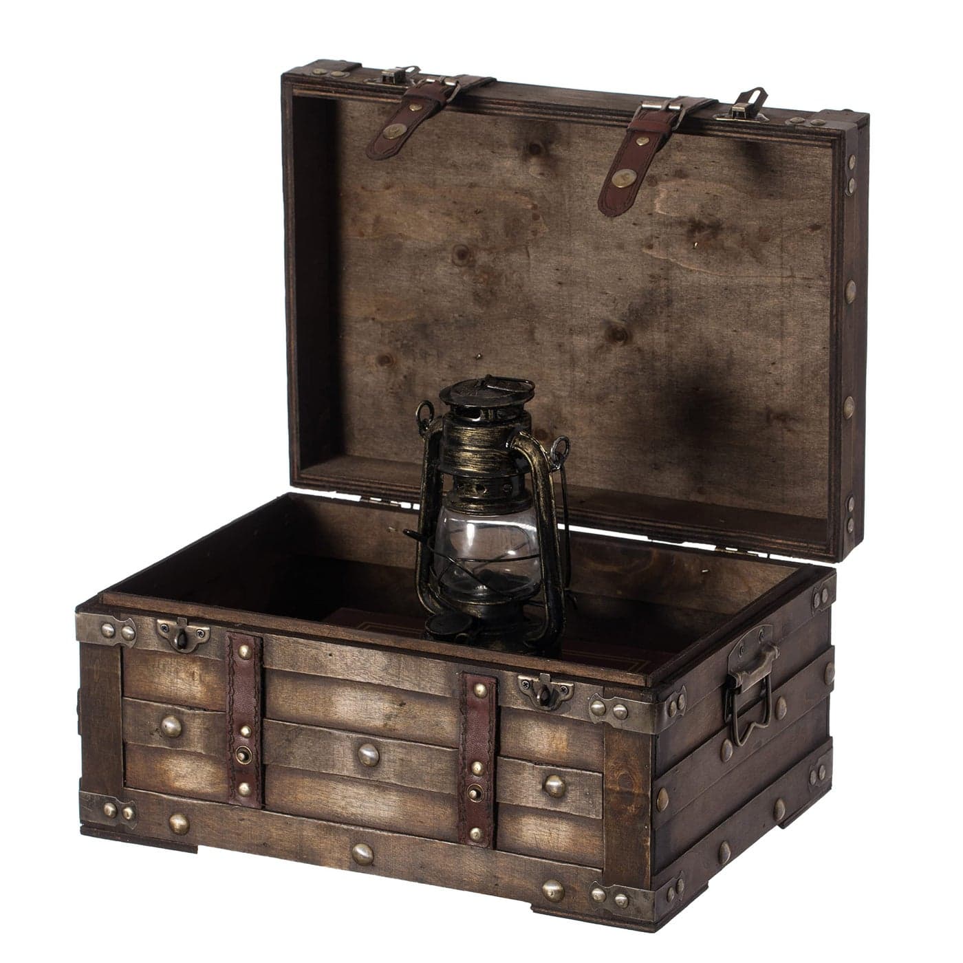 Vintiquewise Wooden Brown Storage Trunk with Faux Leather Straps and Handles Small