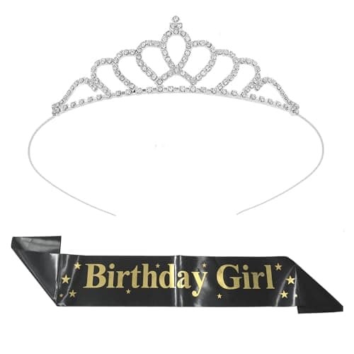 Curated Cart Queen Crown and Black Satin Birthday Girl Sash Set - Elegant Silver Tiara with Birthday Girl Sash for Women and Girls, Perfect for Parties, Pageants, and Special Occasions
