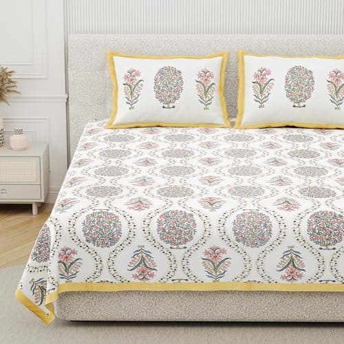 DE CAMA Since 1997 | 100% Cotton 300 TC Premium King Size Bedsheet for Double Bed (90 x 108 Inch) with 2 Pillow Covers Set (17 x 27 Inch) Hand Block Printed Bedsheet Set - Tree Yellow