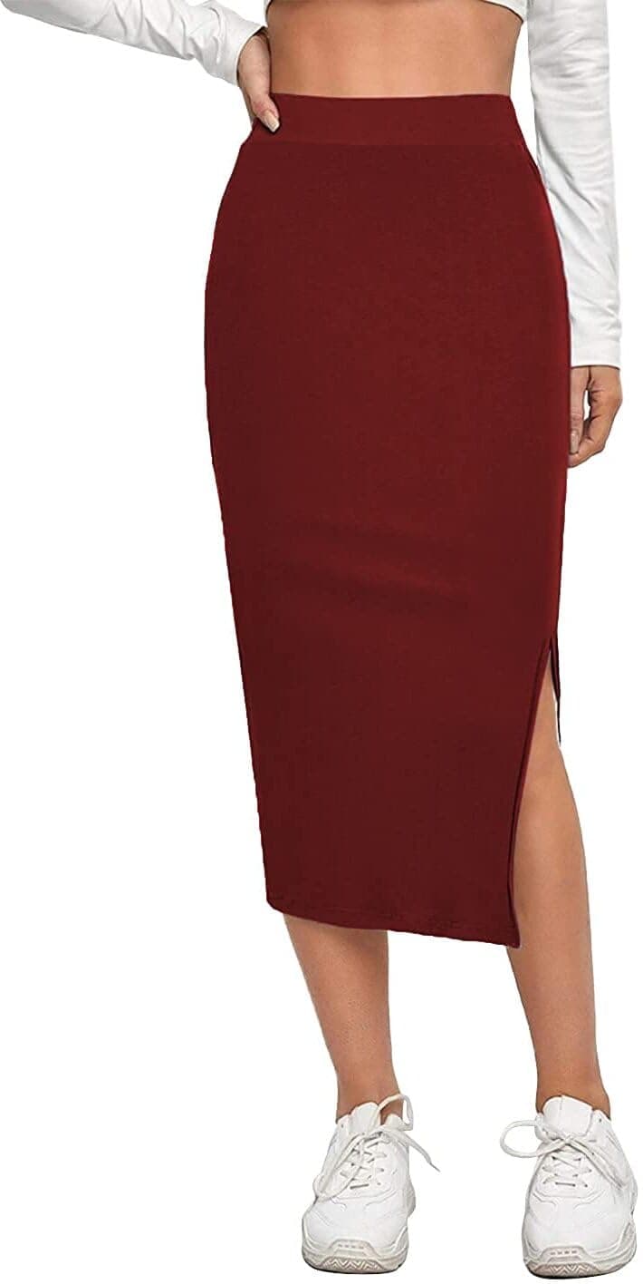ALYNE Women's Elastic Waist Pencil Bodycon Midi Skirt - High Waisted with Side Slit Below Knee Length Elegance for Women Maroon