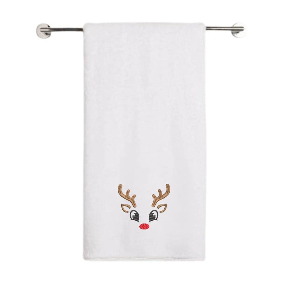 Iris Christmas Embroidered 70 x 140 Cm White Bath Towel - "Reindeer Face" Design 100% Cotton - Premium Holiday Collection
