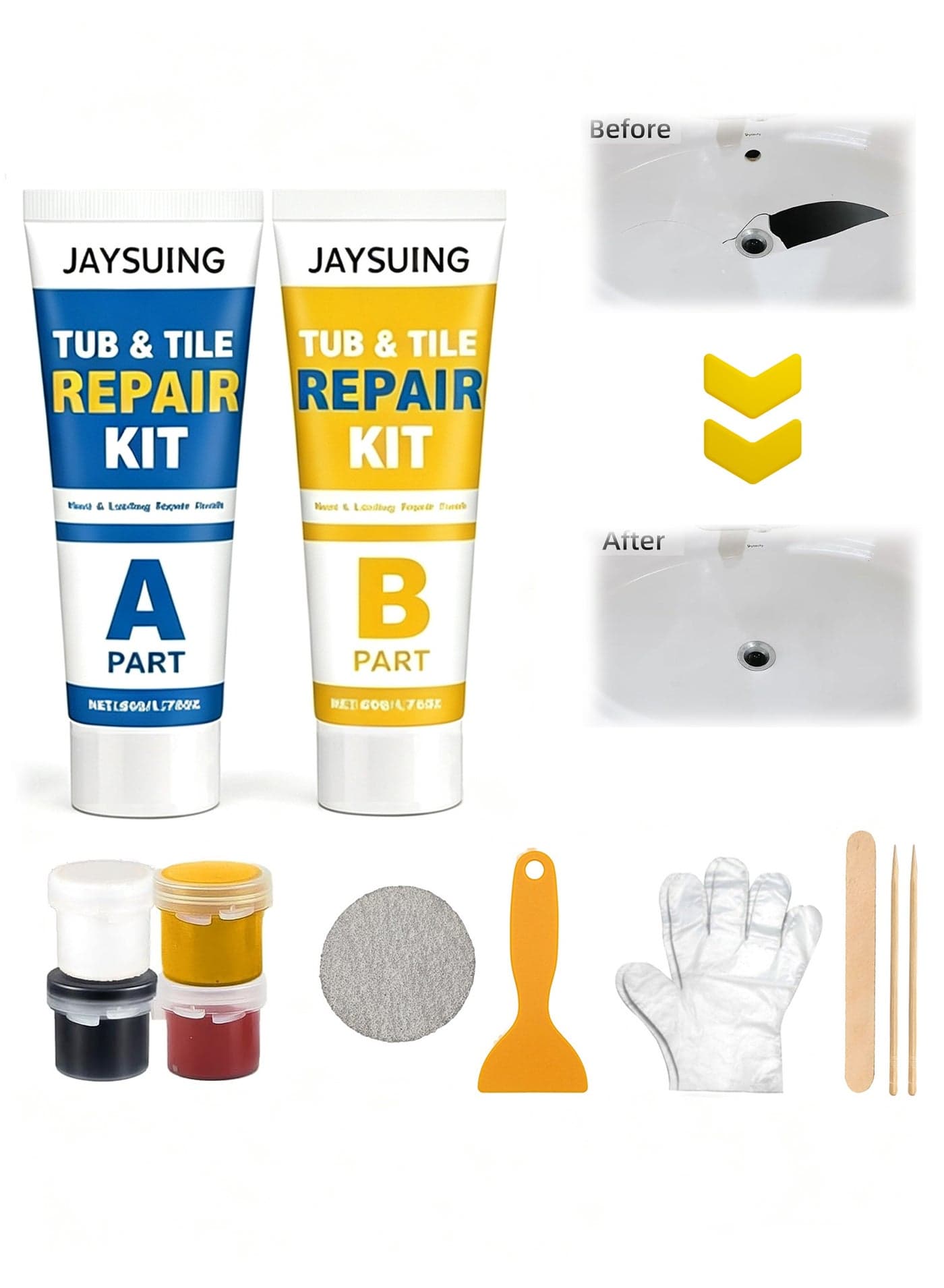 Porcelain Repair Kit, Fiberglass Repair Kit, Professional Tile Repair Kit for Cracks, Chips, Scratches, Rust, Holes on Tubs, Toilet, Sink and Shower Tray, Color Match