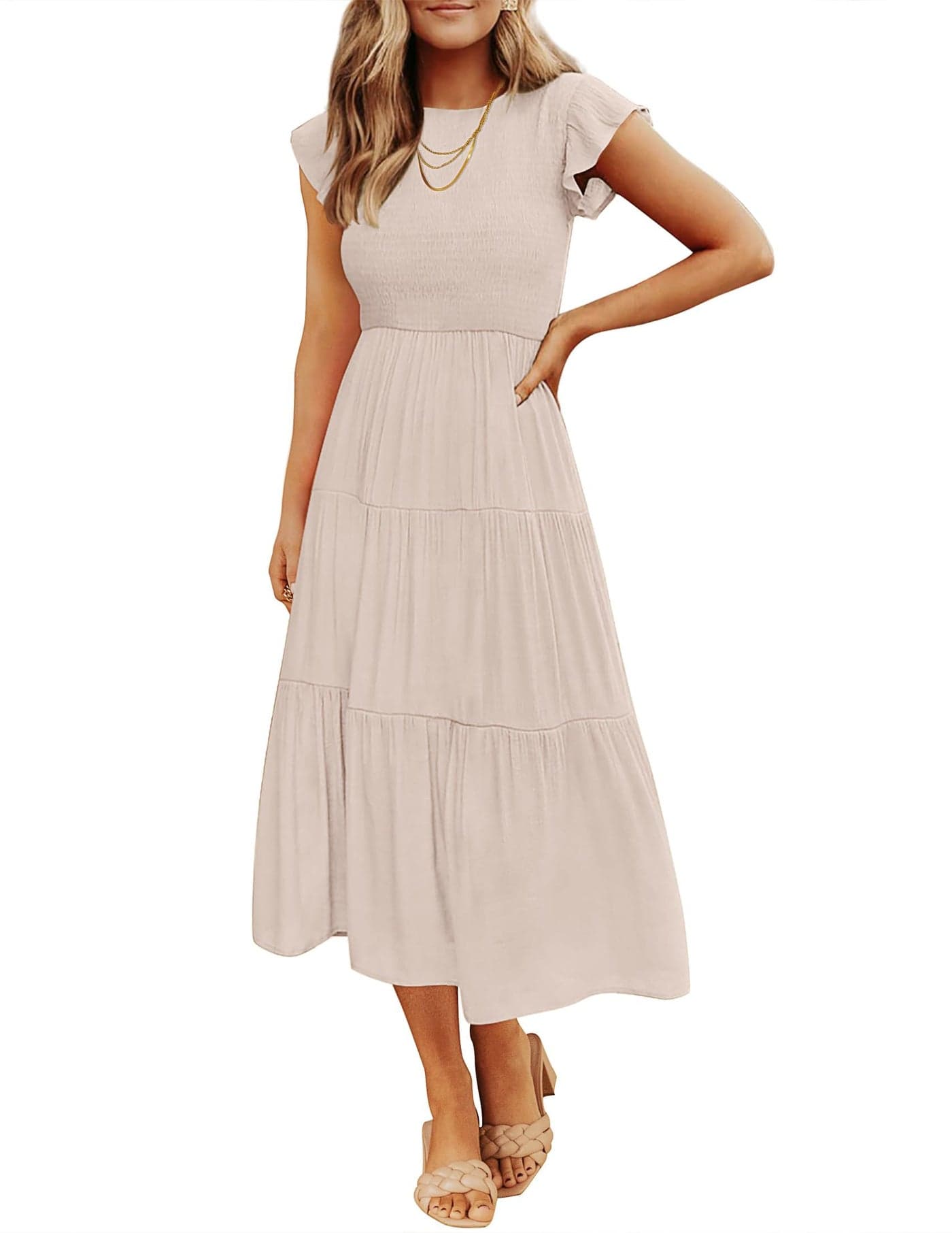 ZESICA Women's 2025 Summer Casual Flutter Short Sleeve Crew Neck Smocked Elastic Waist Tiered Midi Dress,Apricot,X-Large