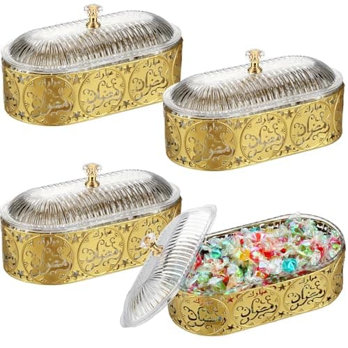 Willinglong 4 Pcs Ramadan Trays with Lid Eid Mubarak Gold Plates Dishes Table Decoration Muslim Islamic Serving Trays Metal Dessert Storage Container for Celebration (Eid Mubarak)