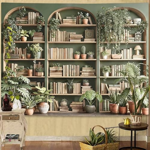Accnicc Sage Green Plant Bookshelf Tapestry Botanical Bookshelf Tapestries Wall Hanging Vintage Potted Plants Library Backdrop Large Tapestry for Bedroom Living Room Dorm 80 x 60 inch