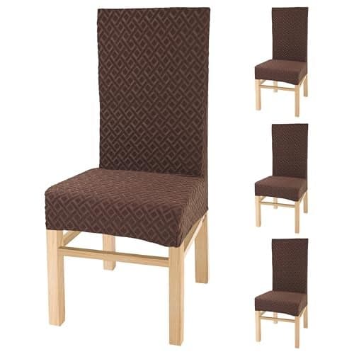 Yellow Weaves Elastic Stretchable Dining Chair Covers, Removable Washable Elastic Self Jacquard Dining Chair Covers (Set of 4, Blocks Coffee)