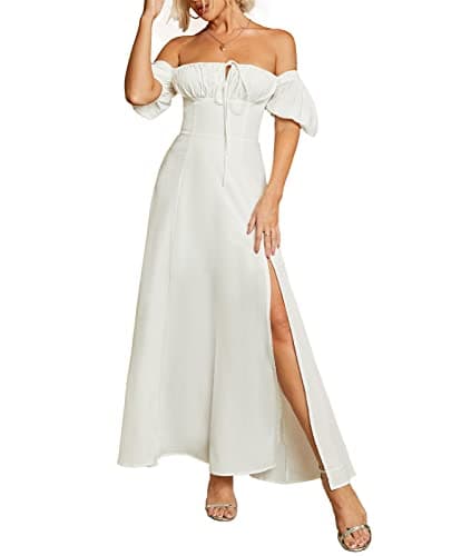 KUTUMAI Women's Summer Off Shoulder Maxi Dress Puff Sleeve A Line Flowy Ruffle Swing Split Long Dresses White XL