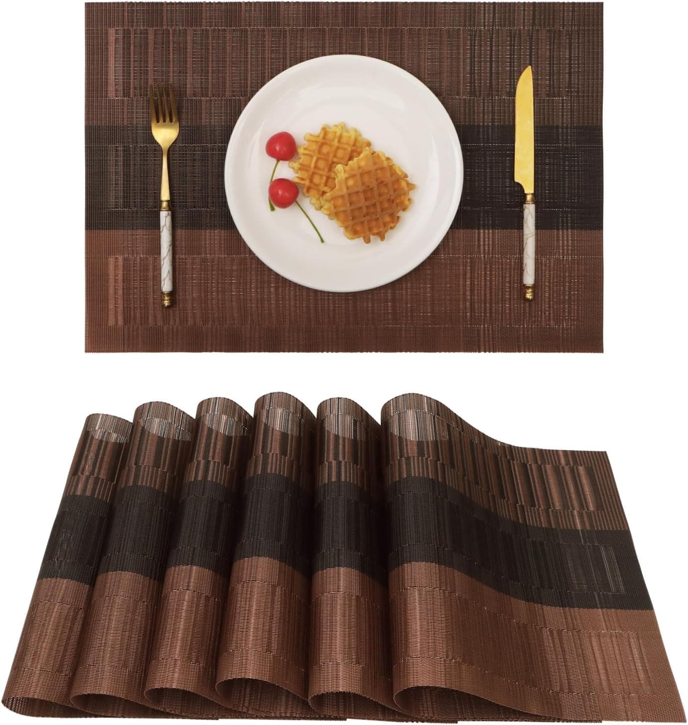 LUCCI Placemats HeatResistant Woven Vinyl Placemat NonSlip Washable PVC Table Mat Easy to Clean Premium Plastic Mats for Dining Kitchen Table Set of 4 Black Brown