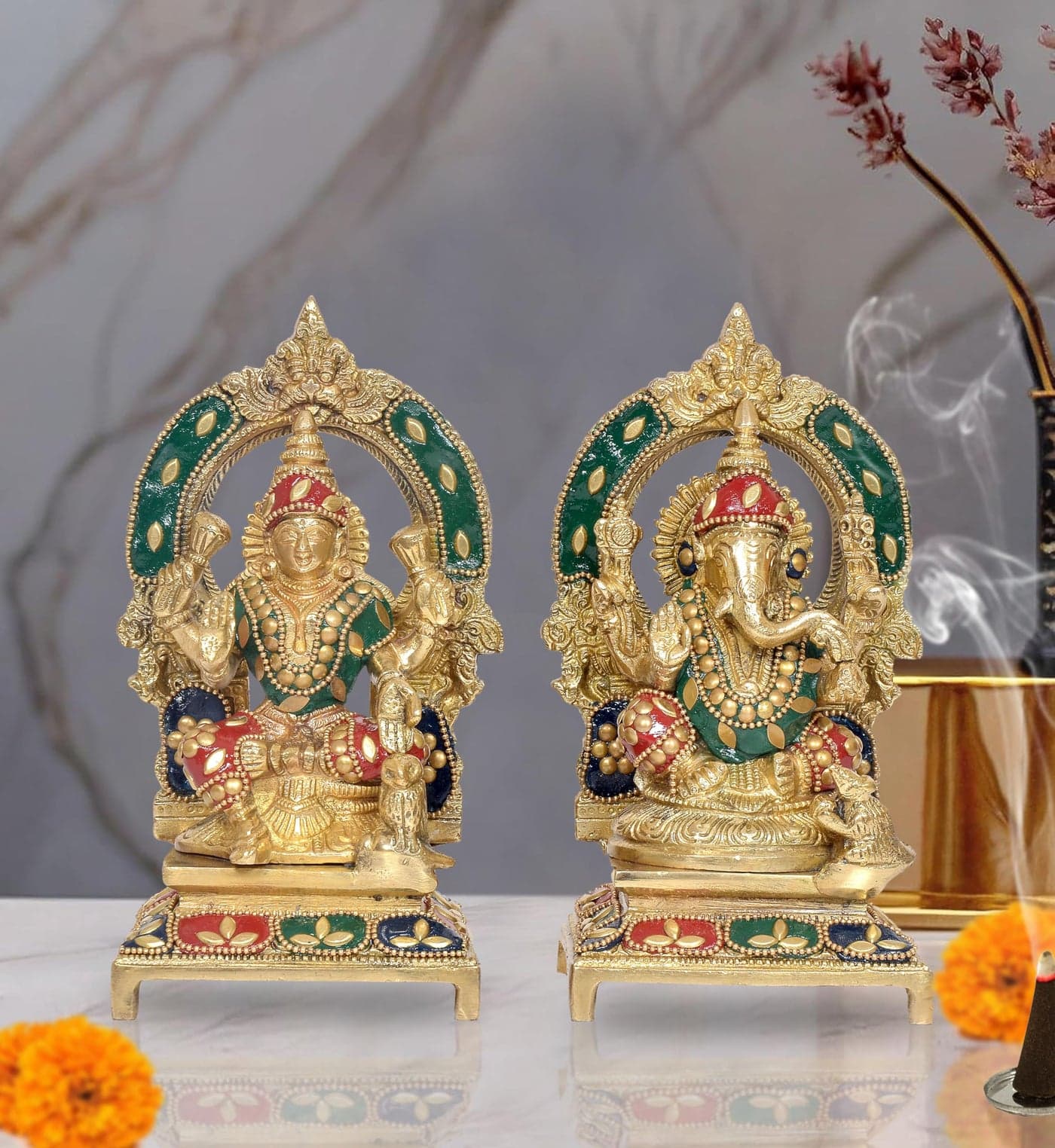 Dattatreya Brass Laxmi Ganesh Statue - Handcrafted Goddess Lakshmi and Lord Ganesha Idol for Home Decor and Pooja - Hindu Deities Figurine Height 7.5 Inch