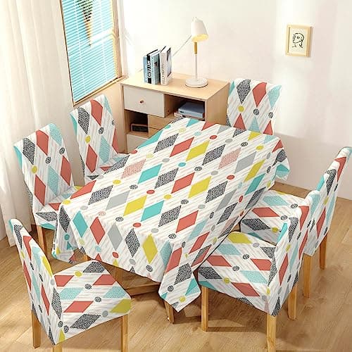 HOKIPO Elastic Dining Chair Covers Set of 6 with Matching Tablecloth, Rhombus Multicolor (AR-4803-D1)