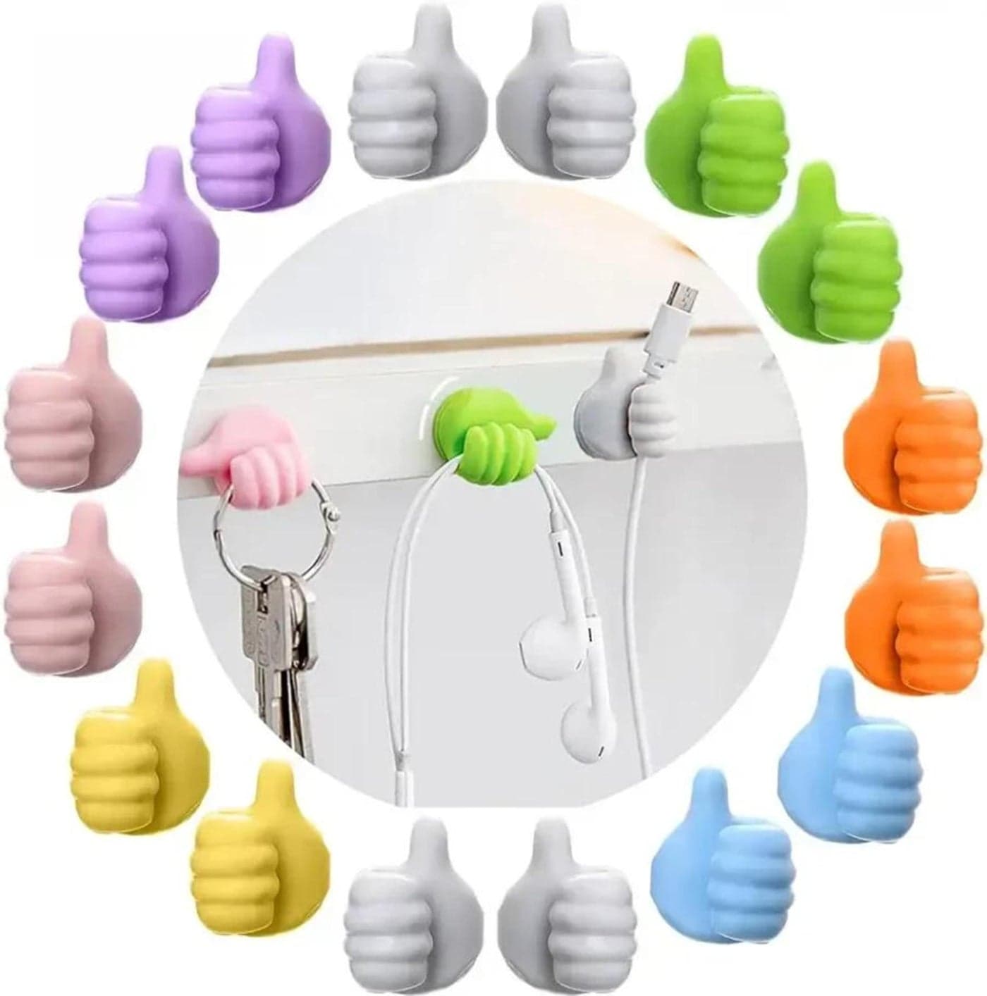 Veentus Creative Silicone Thumb Wall Hook, Multifunction Self Adhesive Cable Organizer Clips Key Hanger, No Punching Nails-Free Utility Hooks Desk Wire Management, Multicolor (Pack of 10 PIS)