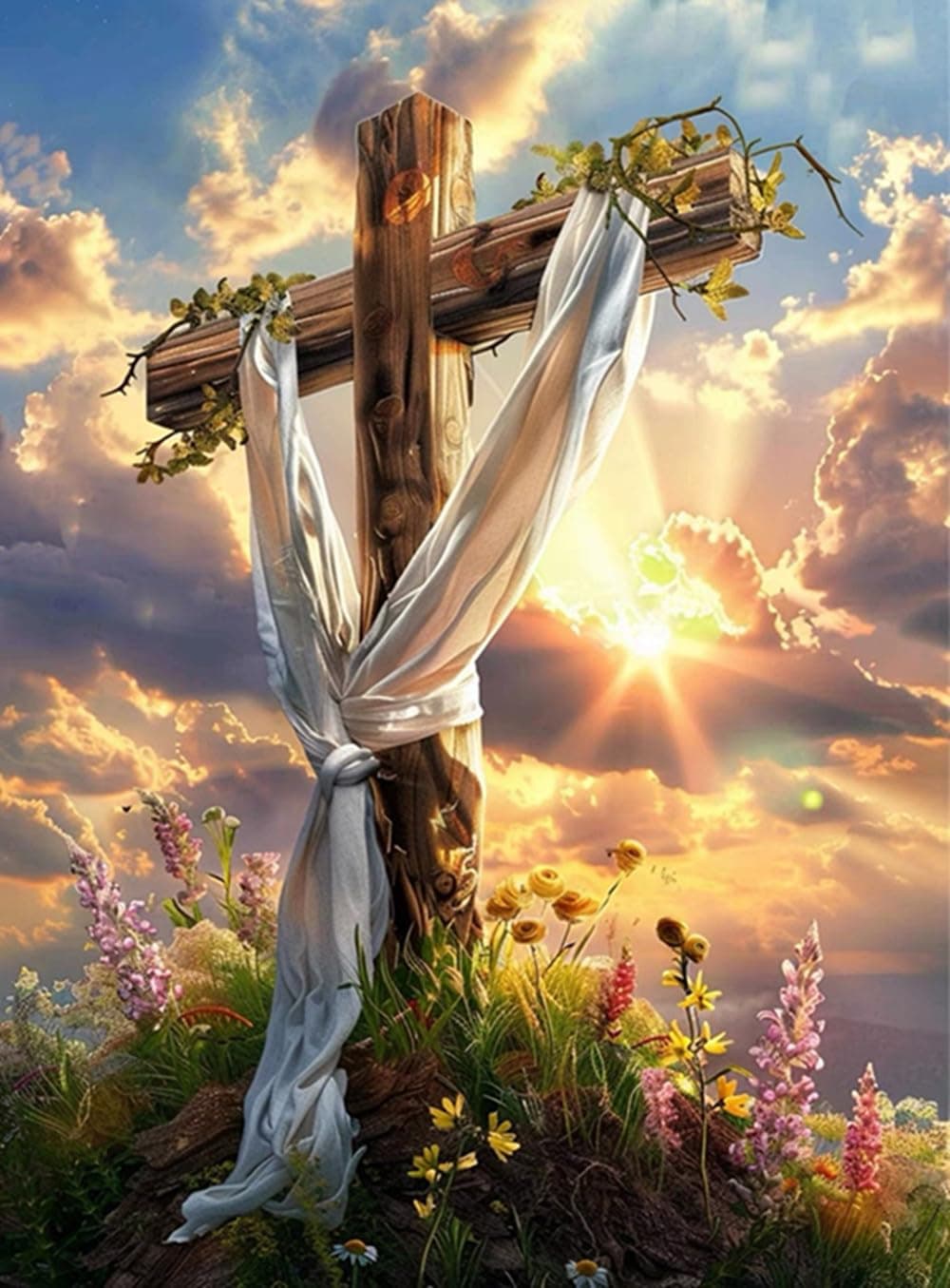 MaiYiYi Sky Cross Diamond Painting by Numbers, 5D Full Round Drill God Flower Cross Diamond Dots Art Kit for Adult Beginner Home Wall Holiday Art Decor (30X40 CM)