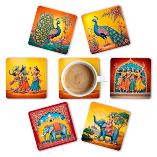 Brizberry® Premium Ethnic Peacock Elephant Rajasthani Square Wooden Coasters, Fit for Tea Cups, Coffee Mugs and Glasses 4 8 12 (3.5X3.5 Inch) Square 11 (Set of 6)