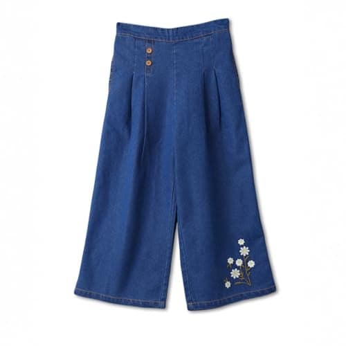 Nautinati Girls' Embroidered Flowers Knife Pleats Wide Leg Denim Jeans