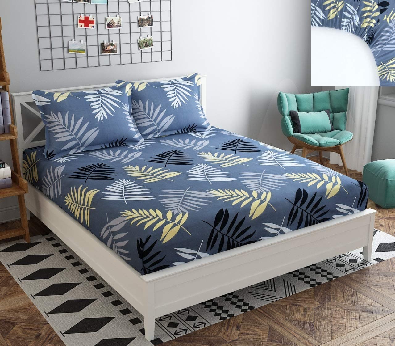 SpangleHomes 200% Soft Glace Cotton Elastic Fitted Double Bed Bedsheet With 2 Large Pillow Covers(King Bed 78 X72X10 Inches,Grey Leaves),300 TC