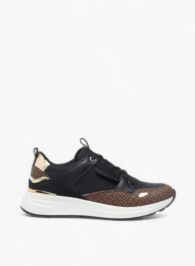 Womens Monogram Print Sneakers With Lace-Up Closure