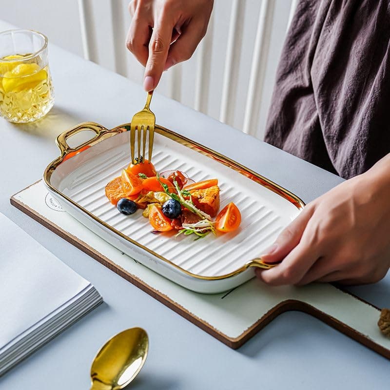 Beyond Homes Ceramic Serving Platter with Handles, 12 Inch | Rectangular Ceramic Snack Tray with Gold Rim | Microwave & Dishwasher Safe Platter for Starters, Appetizers & Dining Table (White Gold)