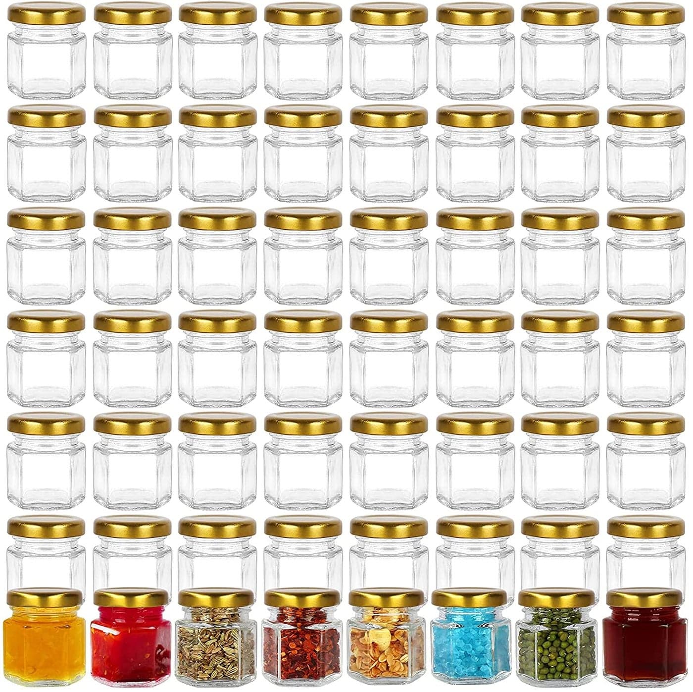 ARUZEN 15 oz50 ml Hexagon Glass Jars with Golden Lids Mini Canning Jars Containers for Spice JamJelly Wedding Favors Honey And More Set of 48 Pack