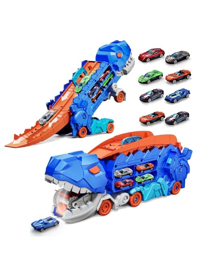 Dinosaur Truck Toy Cars for Toddlers 3 4 5 6 Years Old Boys,with Foldable Sliding 25-Inch Race Track,Transformable Into Standing T-Rex,Toddler Car Toys Set for Kids Boys Girls(8 Cars