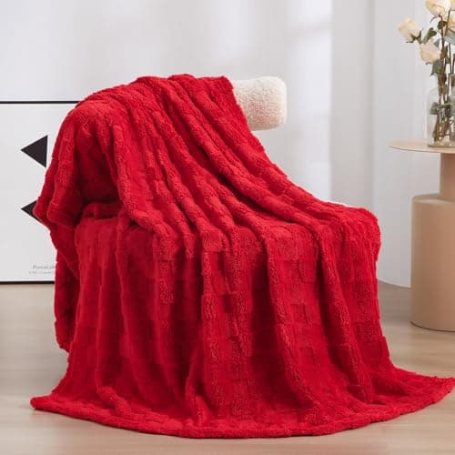 Linecooo Red Fleece Throw Blanket 50”×60” for Couch Sofa Bed,Super Soft Cozy Plush Microfiber Flannel Blanket with 3D Checkered Design Lightweight Decorations for Adults,Woman,Girls
