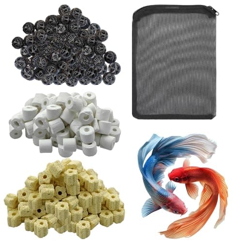 COLOURFUL - Aquarium Filter Media | Improved Water Quality & Healthy Fish Tanks | 10 Piece Bio Ball + 150g Yellow Flower Bacterial Ring + 150g White Ceramic Ring + Free 1 Net Bag (Combo-3)