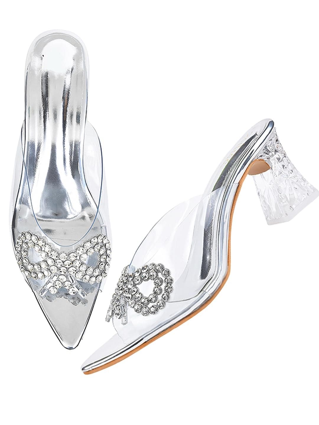 SELFIEE Transparent Block Heel Sandals for Women | Stone Studded Clear Heels | Comfortable Stylish Dress Sandal