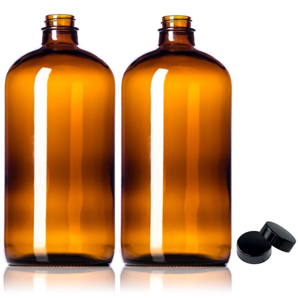 Sally's Organics 32oz Amber Glass Bottles - 2 Pack with USA-Made Tight Seal Lids - Quart-Sized Brown Glass Growlers for Beer, Kombucha, and Juice Storage