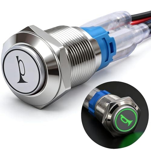 Twidec/16MM Raised Speaker Horn Momentary Push Button Switch 5/8" Mounting Hole 12V Green Led Light Silver Stainless Steel Shell 1NO 1NC SPDT with Pre-Wiring Wires Switch for Car Modification G16LB-G