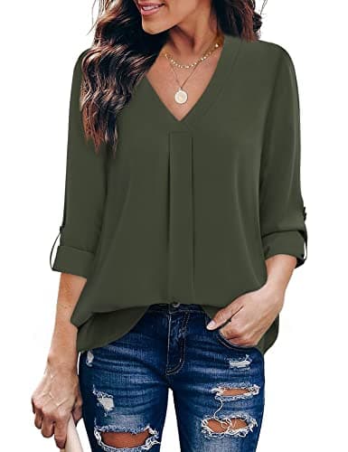 Youtalia Womens Blouses and Tops, Ladies Shirts Roll Sleeve Tunic Top Chiffon V Neck Blouse Pleats Solid Color Business Tops for Women Army Green Small