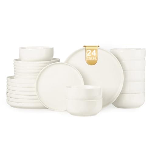 EWFEN Plates and Bowls Sets, 24 Pieces Ceramic Dinnerware Set for 8, Stoneware Dishware Dishes Set, Scratch Resistant Dishes Set, Dishwasher & Microwave Safe, White