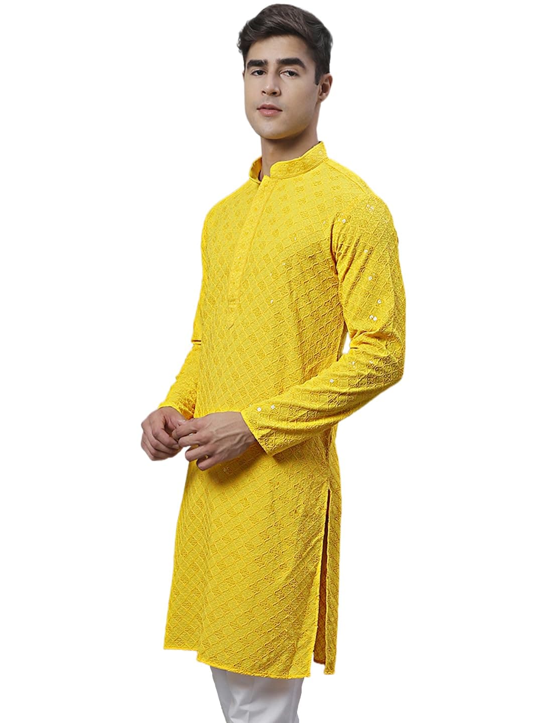 Jompers Men's Chikankari Embroidered and Sequence Kurtas Only (Yellow, XXL)