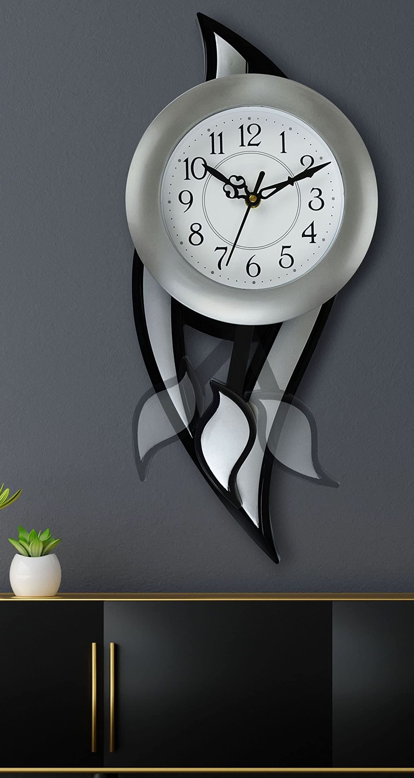 Harbour Plastic Analog Latest Stylish New Models Wall Clock with Pendulum (Size Height 42.5 cm X Width 17.5 cm, Silver)- Home Decor Big Size Wall Clock MJ SN 18 - 2