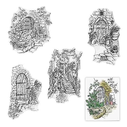 4 Styles Garden Doors Clear Stamps for Card Making Decoration DIY Scrapbooking, Flower Garden Scenery Transparent Rubber Seal Stamps for Photo Card Album Crafting Supplies.